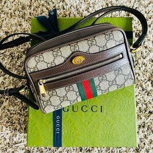 Gucci Beige Monogram Crossbody with Green-Red Stripe